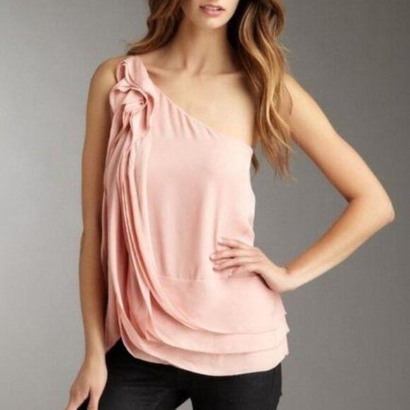 BCBGMaxAzria Blush Pink One Shoulder 100% Silk Ruffle Blouse Top XXS - Picture 2 of 11